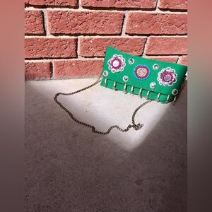 Embroidered Green Crossbody Bag “Marin” with Chain Strap